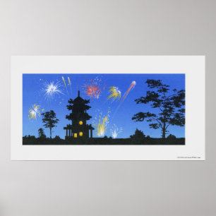 Firework display and silhouette of pagoda poster