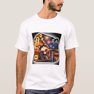 Firework Festival Cat Colourful Japan Summer Art T-Shirt