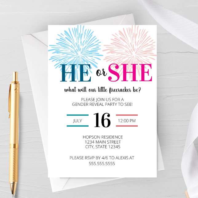 Firework Gender Reveal Party Invitation (Firework Gender Reveal Party Invitation featuring pink and blue fireworks)