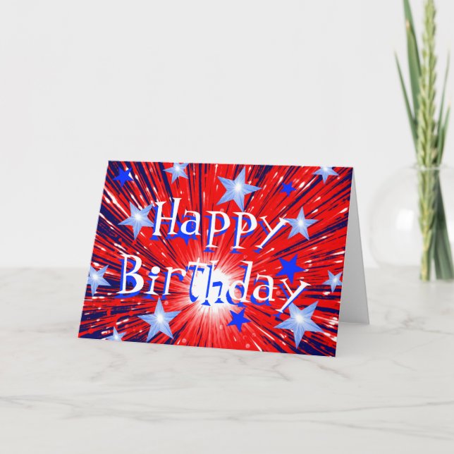Firework Red White Blue 'Happy Birthday' card (Front)