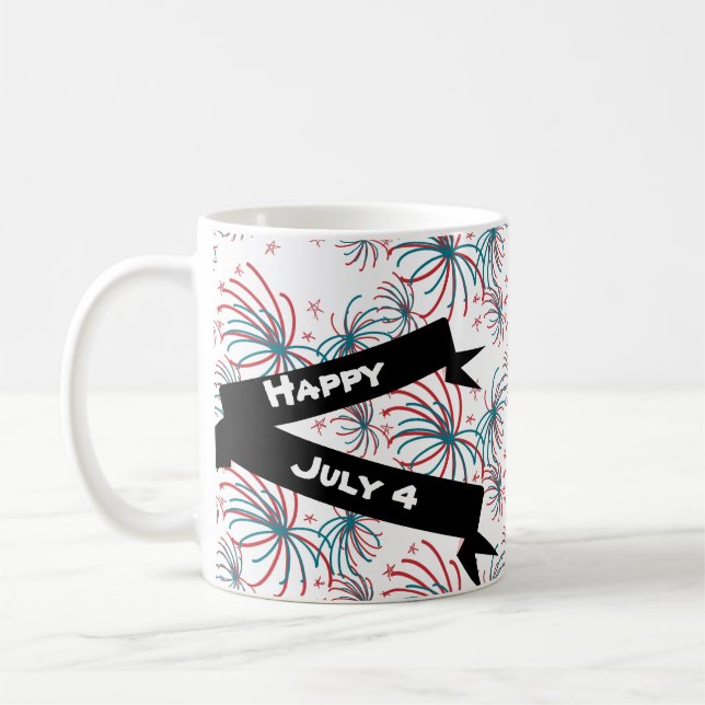 Fireworks 4th of July Stars Doodles Banner Coffee Mug (Left)