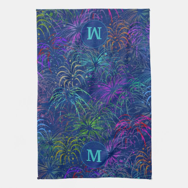 Fireworks 4th of July Summer Pattern | Monogrammed Kitchen Towel (Vertical)