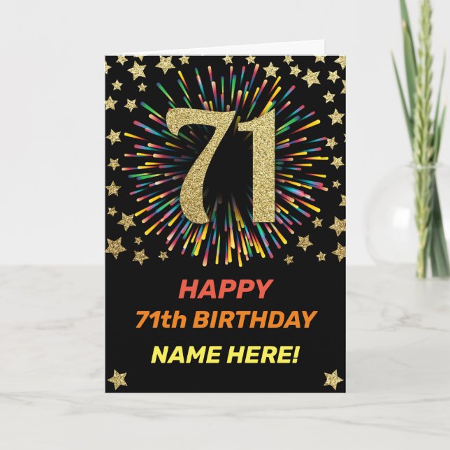 Fireworks 71th Birthday Colourful Rainbow Gold Card (Front)