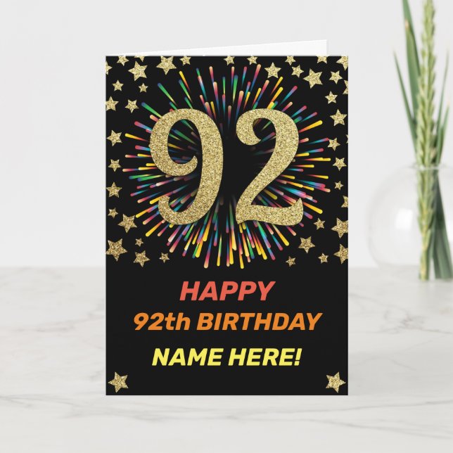Fireworks 92th Birthday Colourful Rainbow Gold Card (Front)