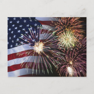 Fireworks and American flag Postcard