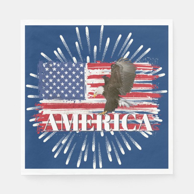 Fireworks and Bald Eagle on American Flag Napkin (Front)