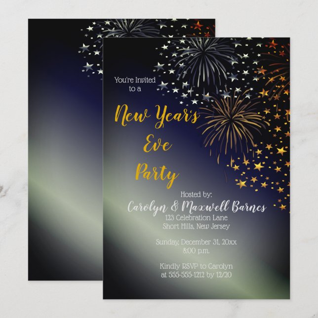 Fireworks and Stars Night Sky New Year's Eve Party Invitation (Front/Back)