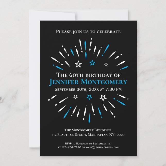 Fireworks Black White Blue 60th Birthday Party Invitation (Front)