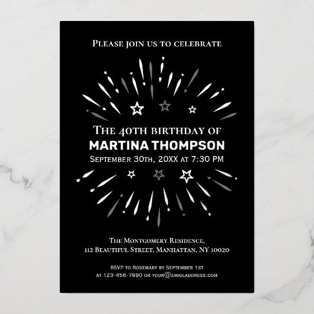 Fireworks Black White Grey 40th Birthday Party (Front)