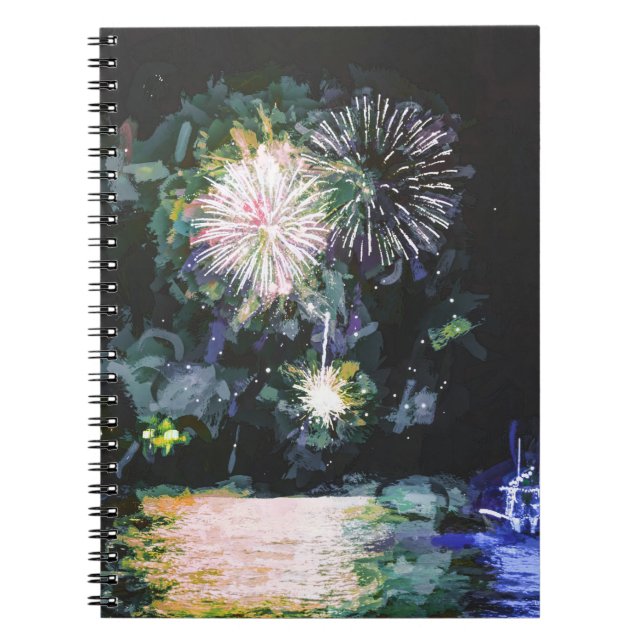 Fireworks Boat Artsy Watercolor Ocean Notebook (Front)