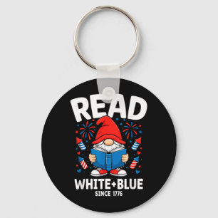 Fireworks Book Gnome Patriotic Read White Blue Keychain