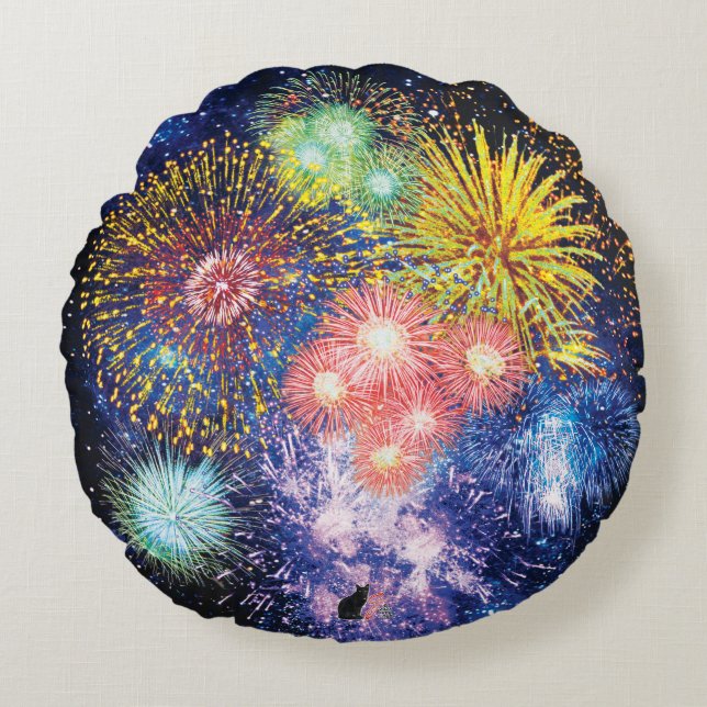 Fireworks Bursts Round Pillow (Front)