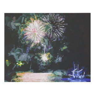 Fireworks Celebrate Boat Watercolor Faux Canvas Print