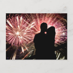 Fireworks Couple Kissing Silhouette Postcard