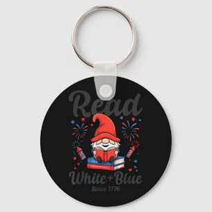 Fireworks Gnome Patriotic Bookworm Read White Blue Keychain