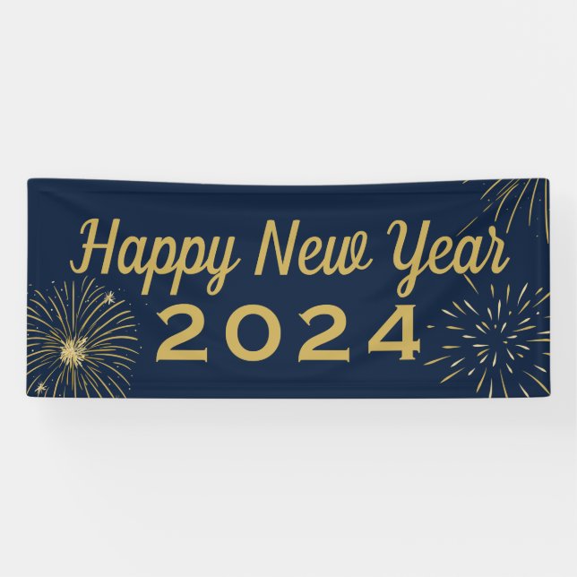 Fireworks Gold Blue 2025 Happy New Year Party Banner (Horizontal)
