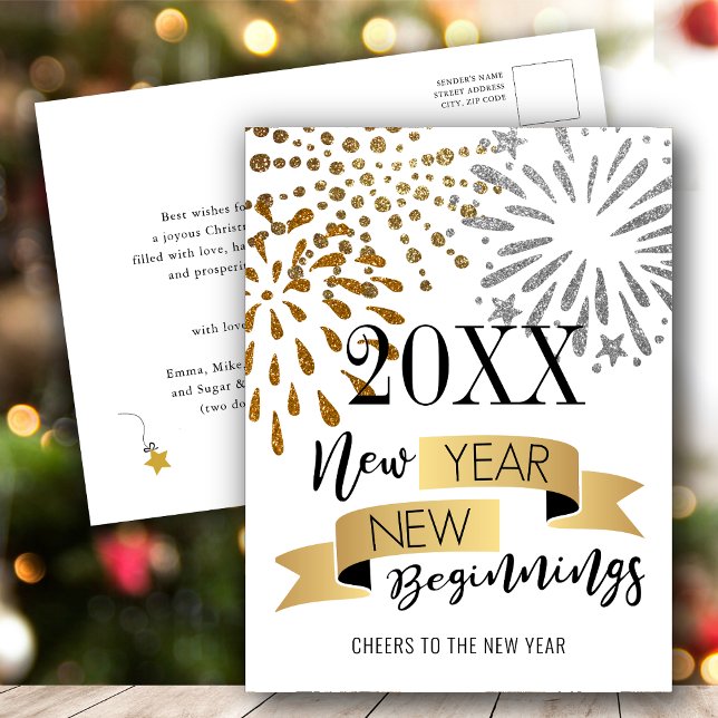 Fireworks Gold Glitter New Year New Beginnings Holiday Postcard (Creator Uploaded)