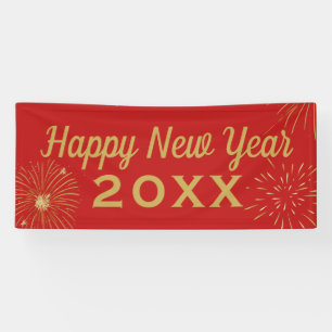 Fireworks Gold Red Chinese New Year 2026 Party Banner