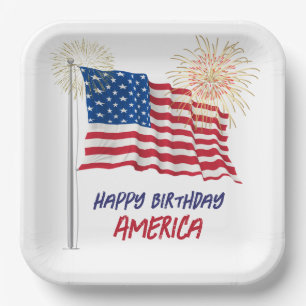 Fireworks Happy Birthday America and Flag Paper Plate