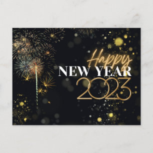 Fireworks Happy New Year 2023 Gold & Black Holiday Postcard
