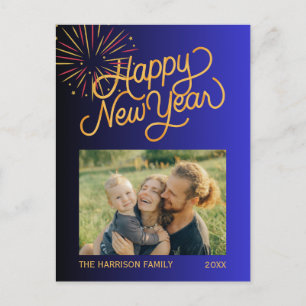 Fireworks Happy New Year Photo Blue Gradient Postcard