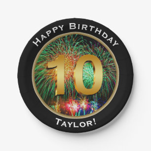 Fireworks Happy Tenth 10th Birthday with Name Paper Plate