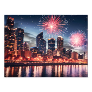 Fireworks in night city photo print