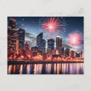 Fireworks in night city postcard