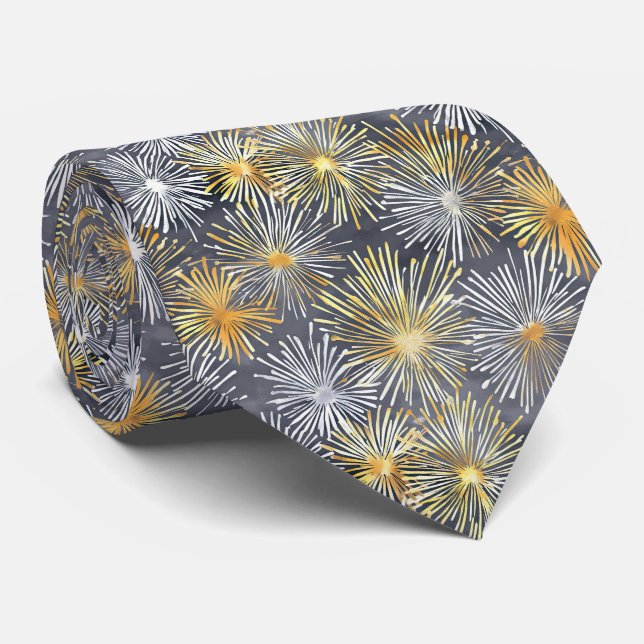 Fireworks in White and Gold on Light Grey Neck Tie (Rolled)