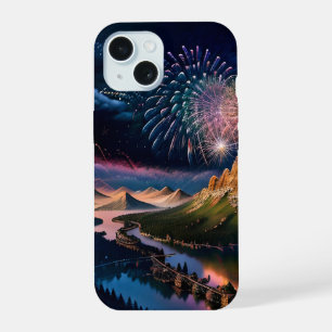 FireWorks Mountain Bridge Village River Landscape iPhone 15 Case