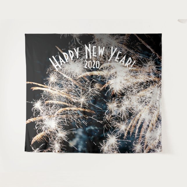 Fireworks New Years White Photo Booth Backdrop Tapestry (Front (Horizontal))