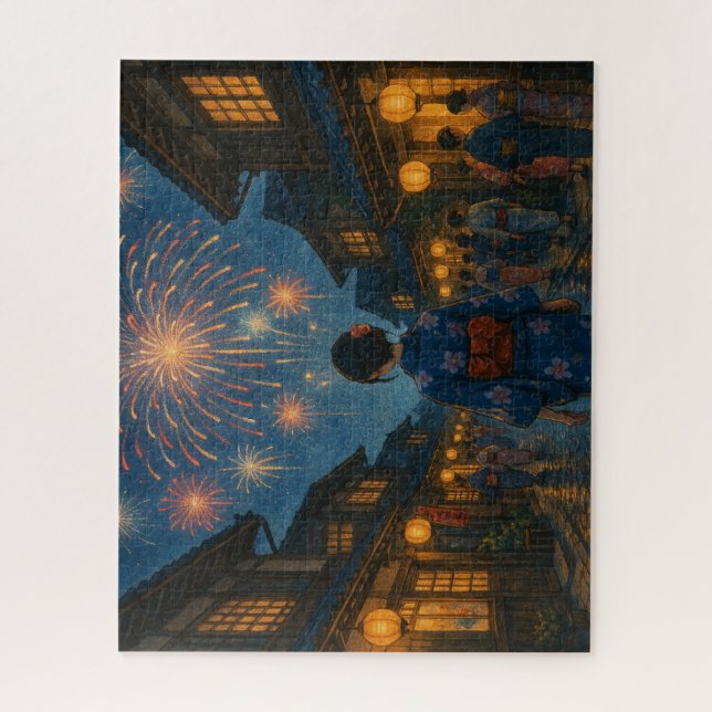Fireworks Over a Traditional Town Street in Summer Jigsaw Puzzle (Vertical)