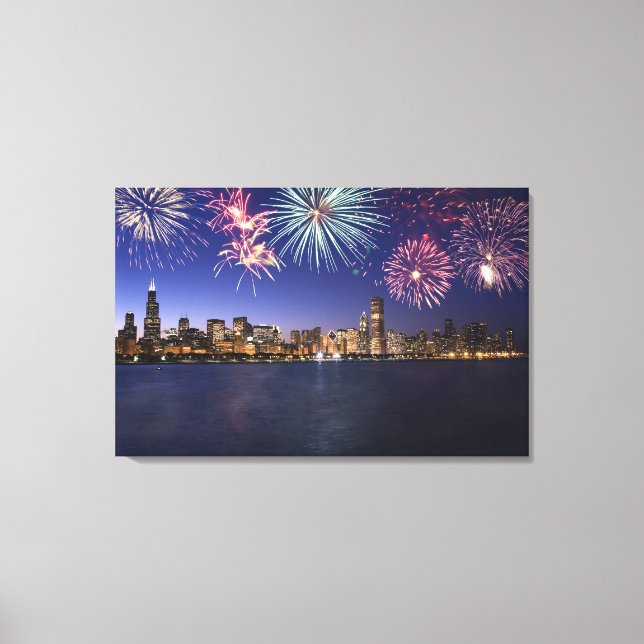 Fireworks over Chicago skyline 2 Canvas Print (Front)