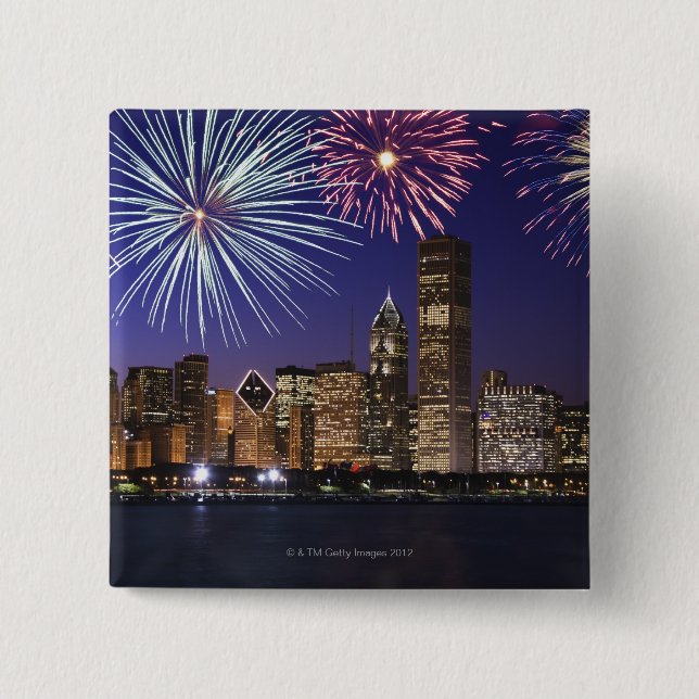 Fireworks over Chicago skyline 2 Inch Square Button (Front)