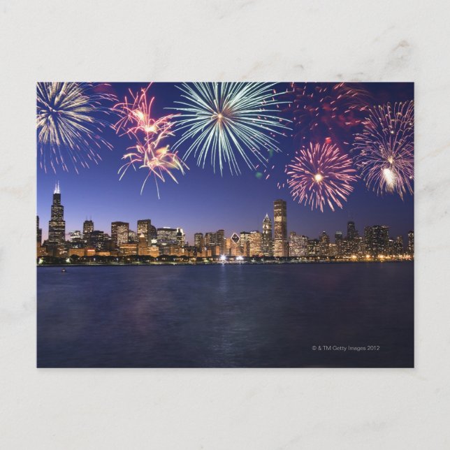 Fireworks over Chicago skyline 2 Postcard (Front)