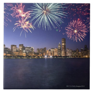 Fireworks over Chicago skyline 2 Tile