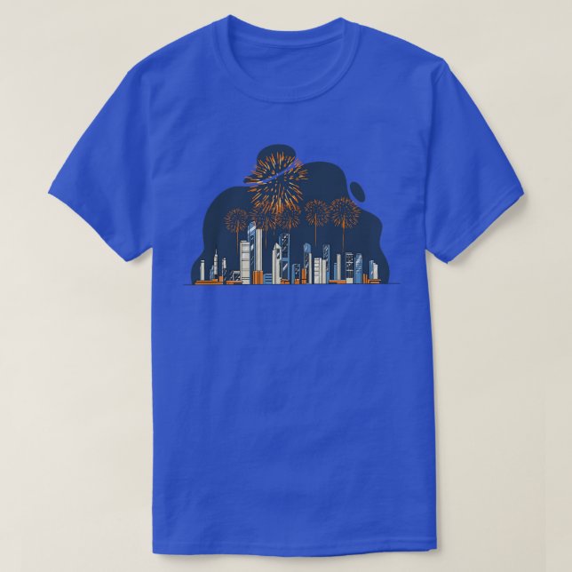Fireworks Over City Skyline Firework T-Shirt (Design Front)