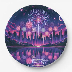 Fireworks over the City Skyline Fourth of July Paper Plate