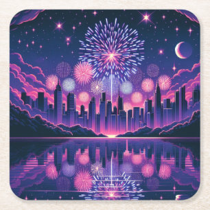 Fireworks over the City Skyline Fourth of July Square Paper Coaster