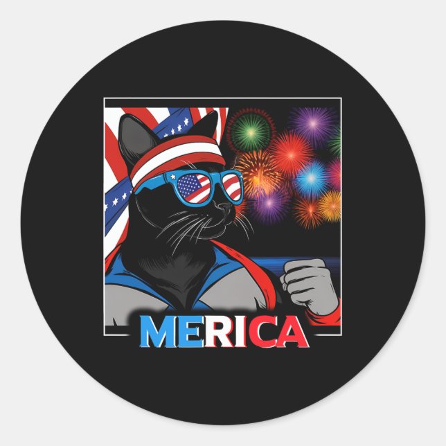 Fireworks Patriotic Black Cat  Classic Round Sticker (Front)