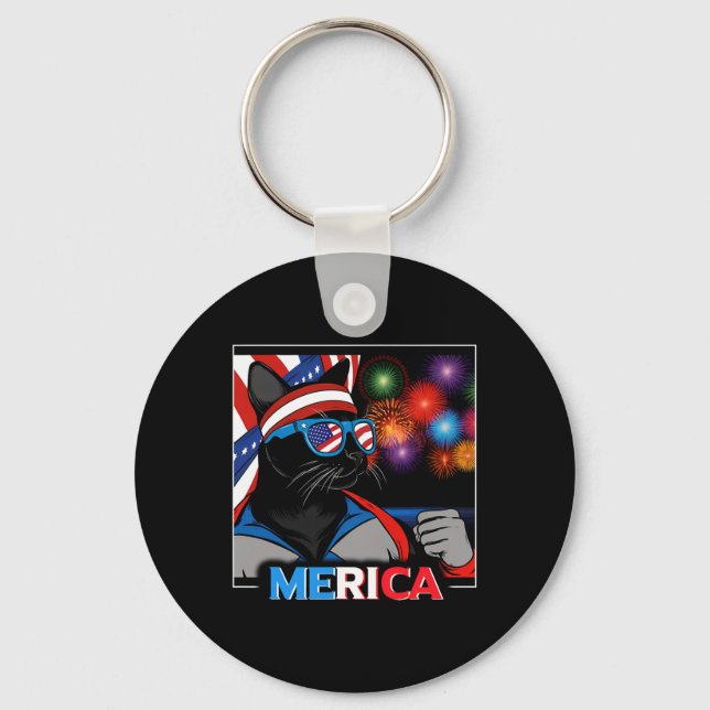 Fireworks Patriotic Black Cat  Keychain (Front)
