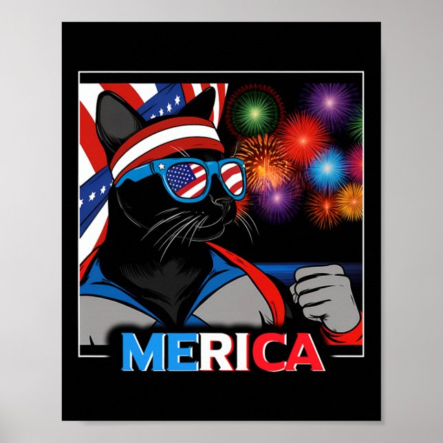 Fireworks Patriotic Black Cat  Poster (Front)
