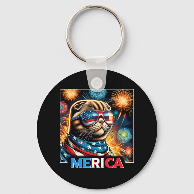 Fireworks Patriotic Scottish Fold Cat Merica  Keychain (Front)