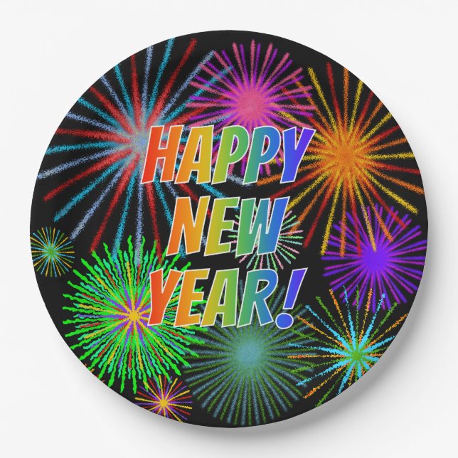 Fireworks + Rainbow Spectrum "HAPPY NEW YEAR!" Paper Plate (Front)