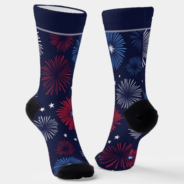 Fireworks Red White and Blue 4th of July Socks (Angled)