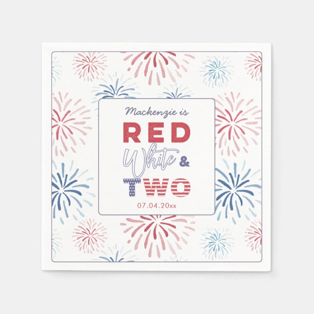 Fireworks Red White Two 2nd Birthday Party Napkin (Front)