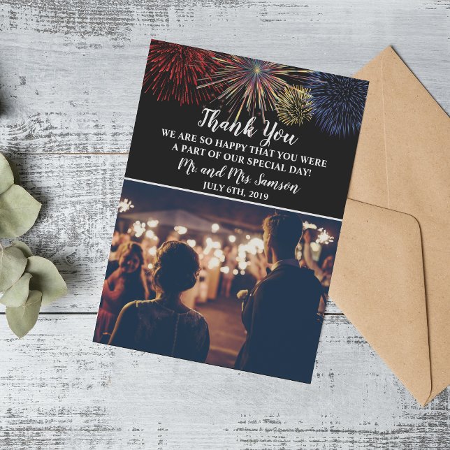 Fireworks Sky Fourth of July Wedding Thank You Card (Creator Uploaded)