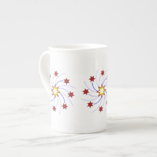 Fireworks Star Swirl - Red, Yellow, Blue on White Bone China Mug