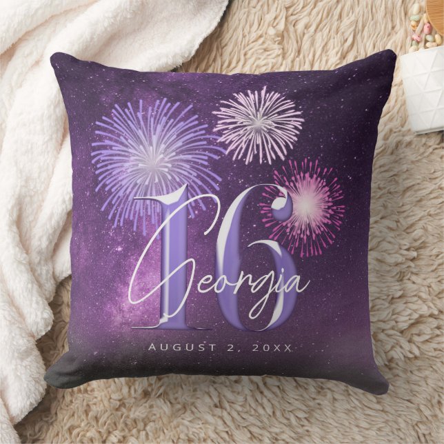 Fireworks Sweet 16 Purple ID984 Throw Pillow (Blanket)