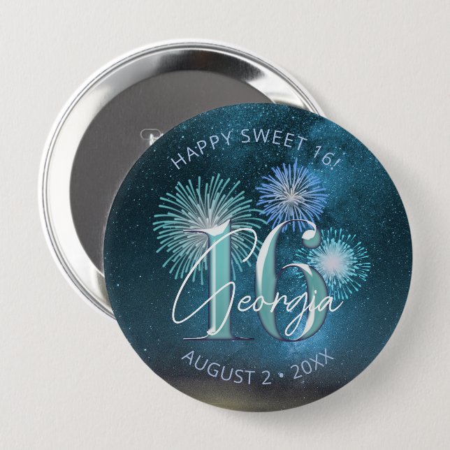 Fireworks Sweet 16 Teal ID984 4 Inch Round Button (Front & Back)
